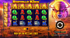 Cilindros do jogo Buffalo King com símbolos de búfalo e outros animais da natureza