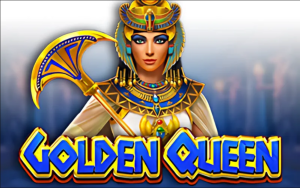 A majestosa Rainha Dourada cercada por tesouros e riquezas no jogo Golden Queen.